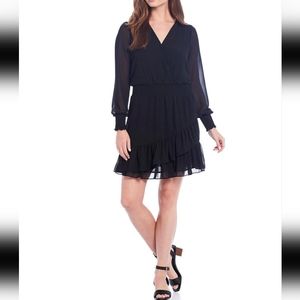 Michael Kors Long Cuff Sleeve Smocked Waist Tiered Ruffle Dress, Black, Size M